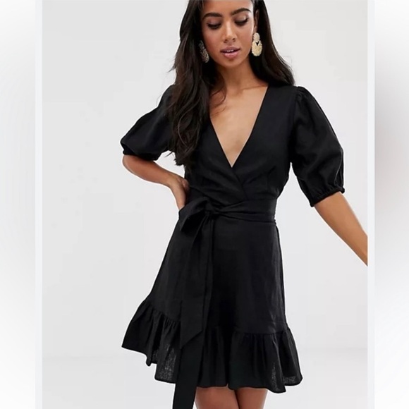 ASOS Design Black Ruffle Wrap Dress Size 4 Deep Plunging V-Neck Short Above Knee - Picture 5 of 16